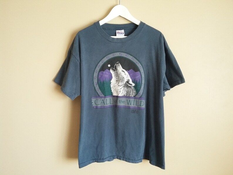 Vintage 90S Call Of The Wild Idaho Dusty Dark Blue T Shirt Size Extra Large 100 Cotton Made In Usa Animal Logo Wolves Hanes