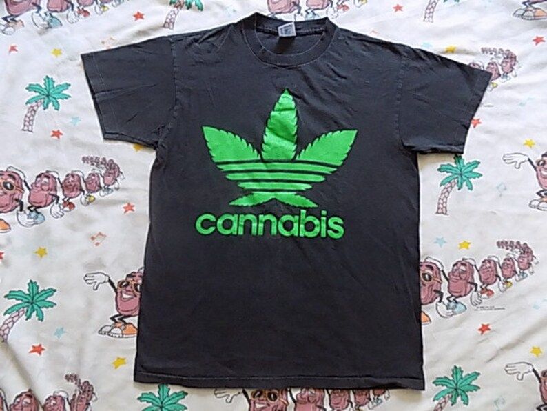 Vintage 90S Cannabis Adidas Trefoil Spoof T Shirt Arge Pot Leaf Stoner Weed vintage 90s cannabis adidas trefoil spoof t shirt arge pot leaf stoner weed kmssm