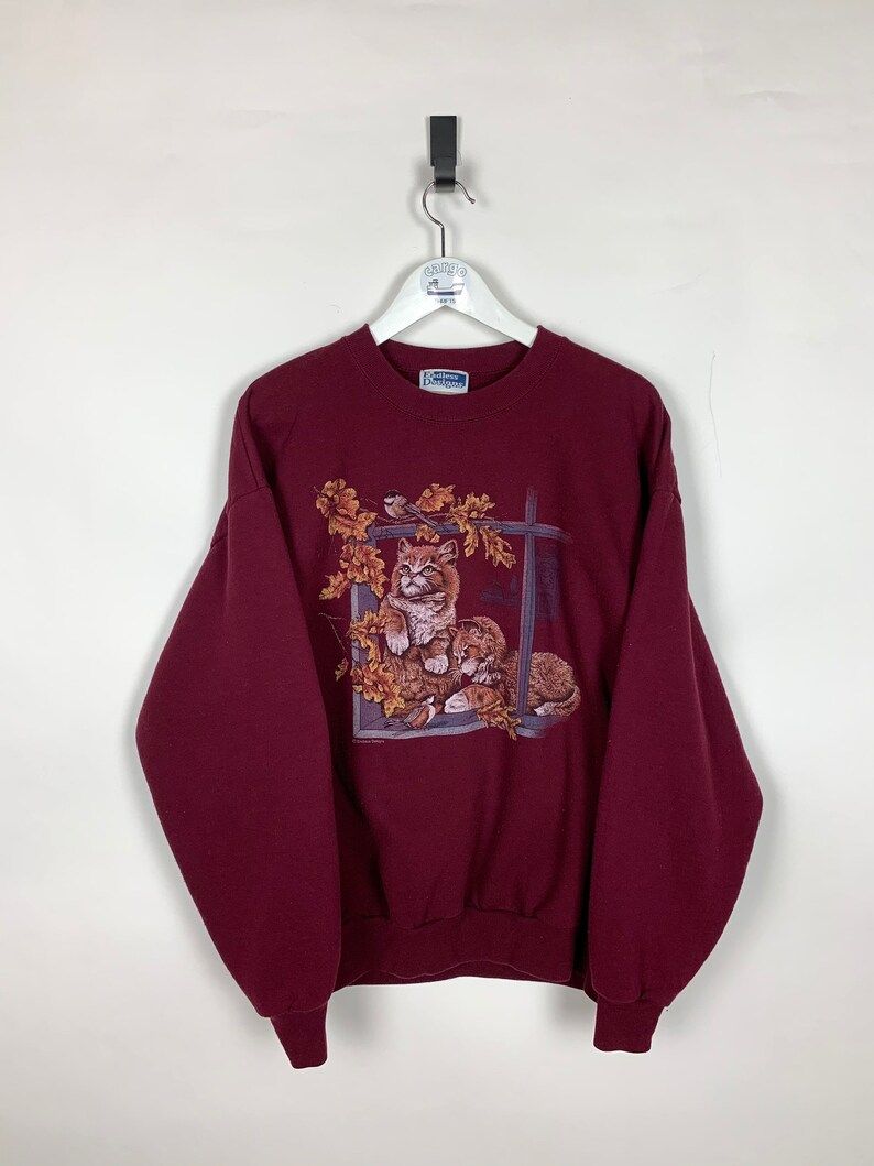 Vintage 90S Cat And Bird Maroon Womens Crewneck Sweatshirt Size Extra Large