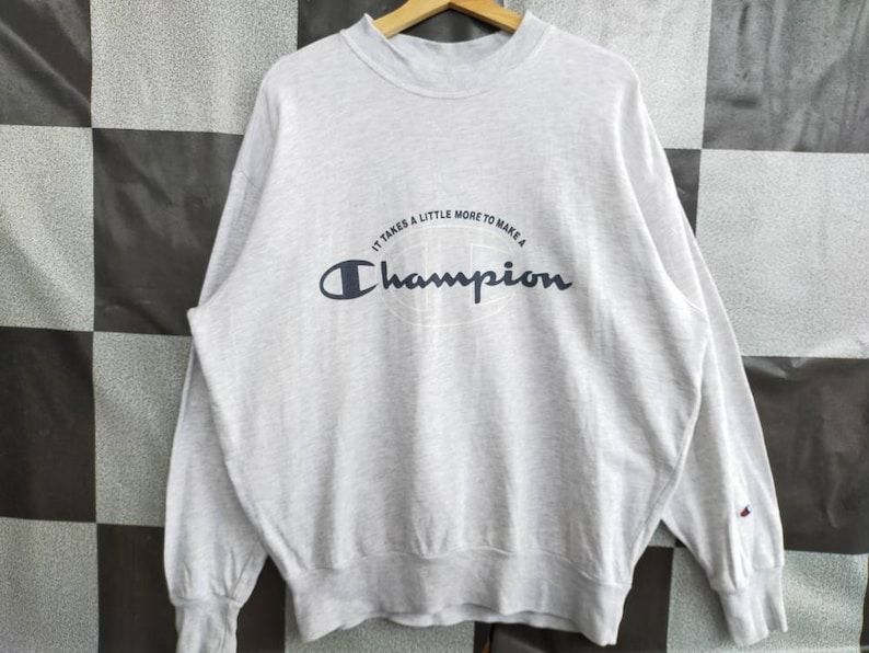 Vintage 90S Champion Big Logo Crewneck Pull Over Sweatshirt Silver Colour L Size Rare Item