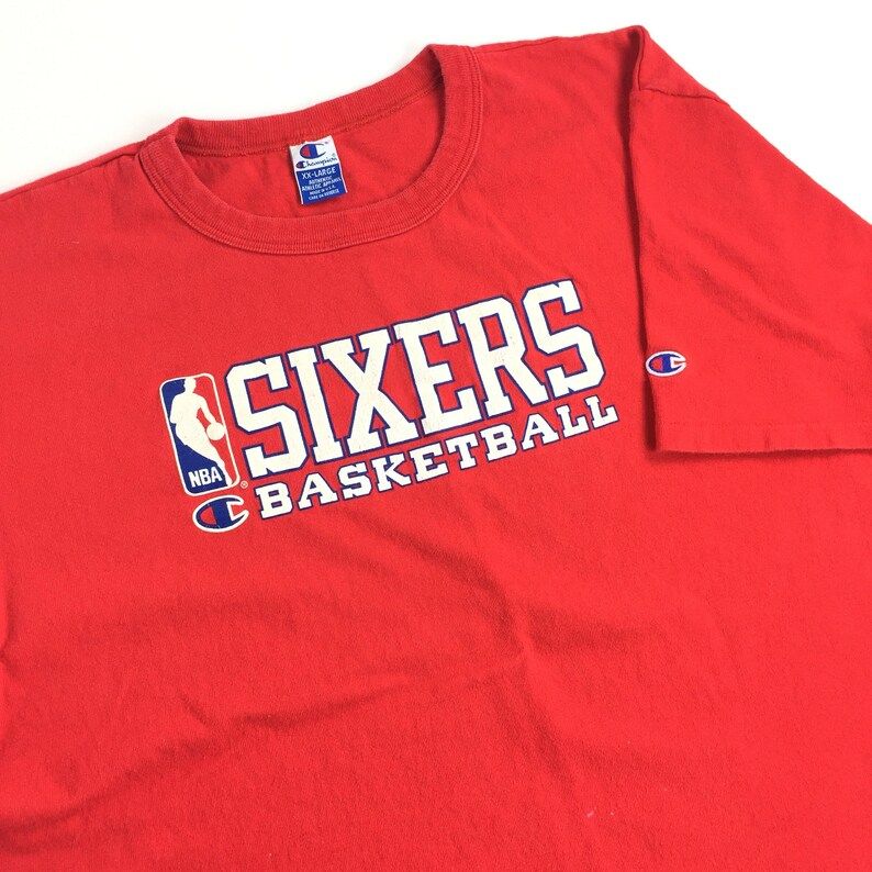 Vintage 90S Champion Nba Philadelphia 76Ers Sixers Red Basketball Graphic Tee T Shirt
