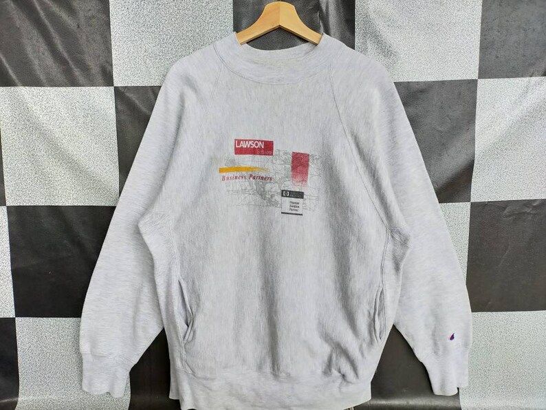 Vintage 90S Champion Reverse Weave Crewneck Sweatshirt Lawson Software Big Print Pullover Sweatshirt Silver Colour Xl Size Rare Item