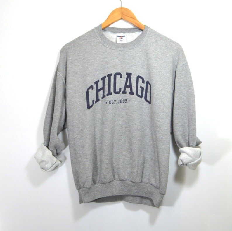Vintage 90S Chicago Logo Sweatshirt Heather Gray Fleece Jersey Pullover Illinois Long Sleeve Sweater Grey Cotton Sweatshirt Small S
