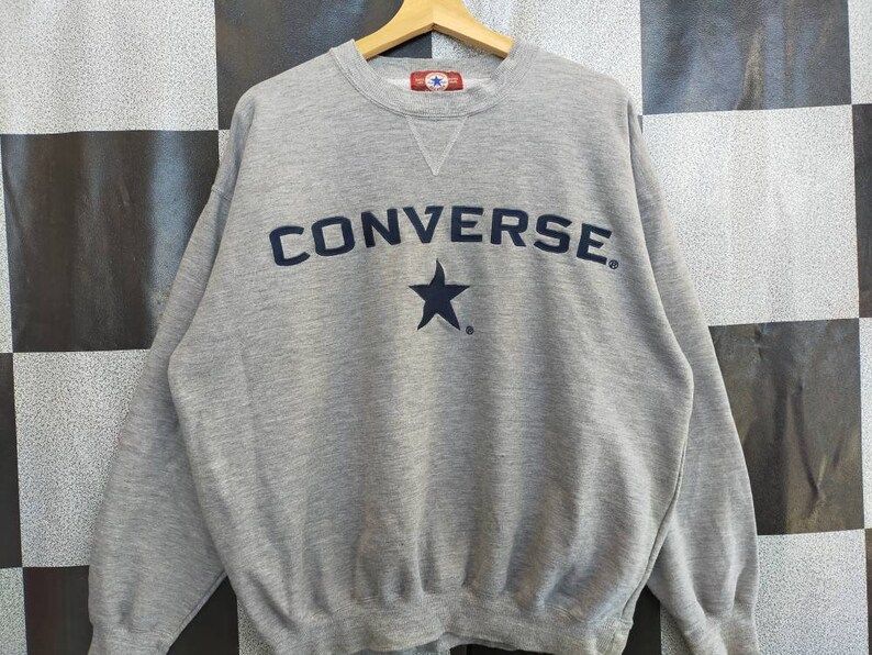 Vintage 90S Converse All Star Big Embroidery Spellout Crewneck Pull Over Jumper Sweatshirt Grey Colour Xl Size Rare Item