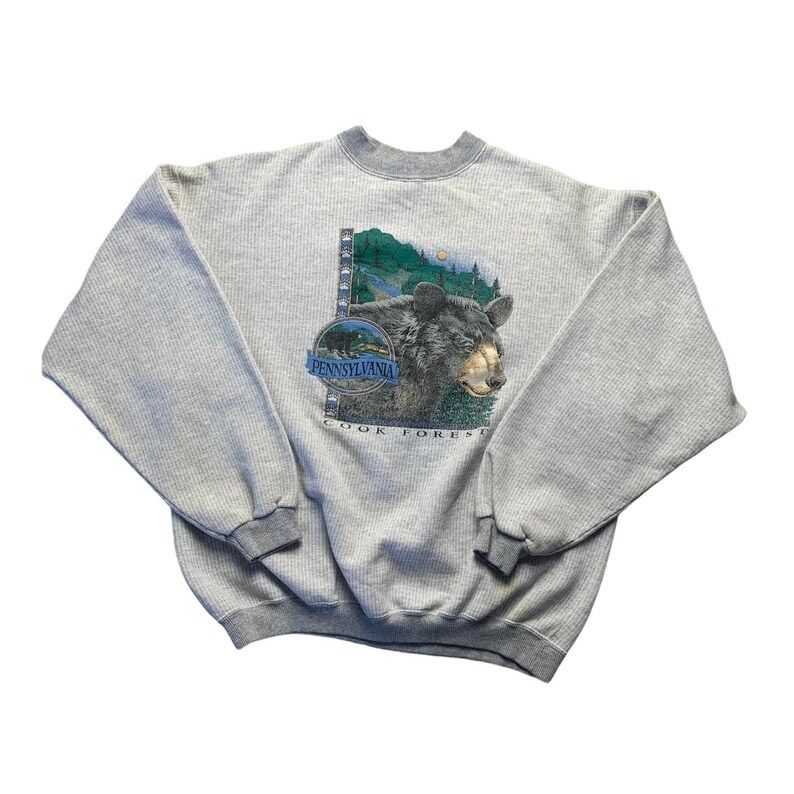 Vintage 90S Crewneck Cook Forest Pennsylvania Bear In Mountains Graphic Print Sweatshirt Pullover Jumper Gray Large