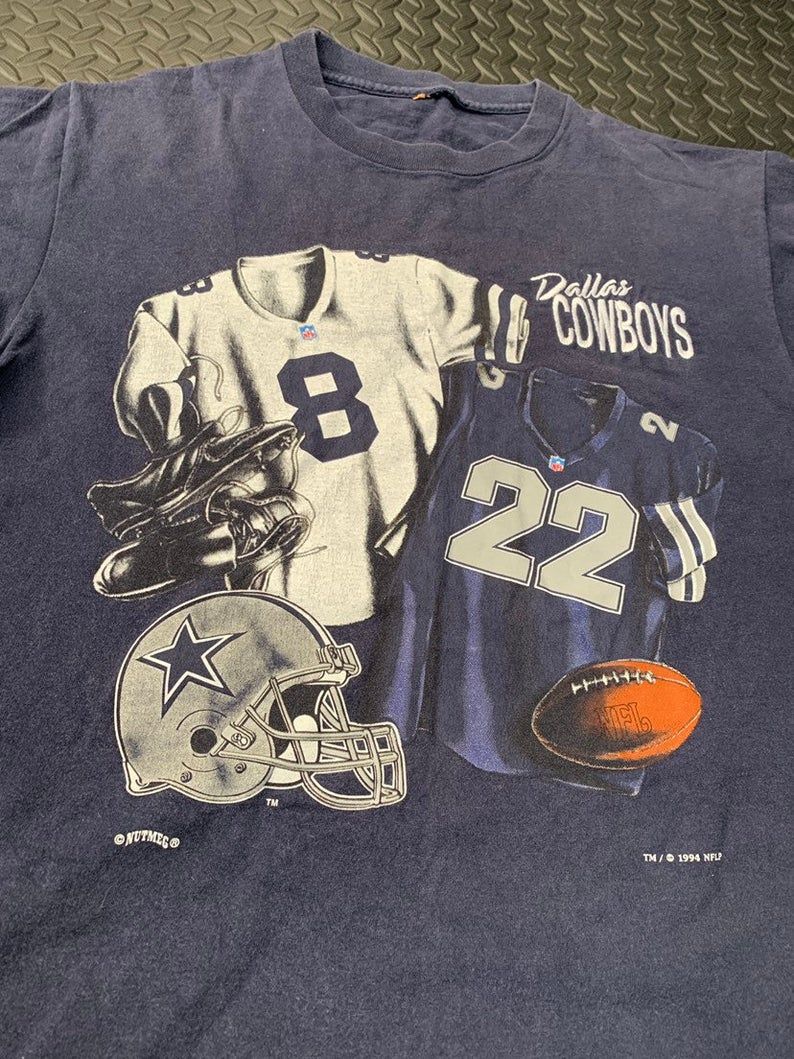 Vintage 90S Dallas Cowboys 1994 Classic Team Nfl Collection By Nutmeg Troy Aikman And Emmit Smith Jersey Graphic Print Single Stitch Shirt