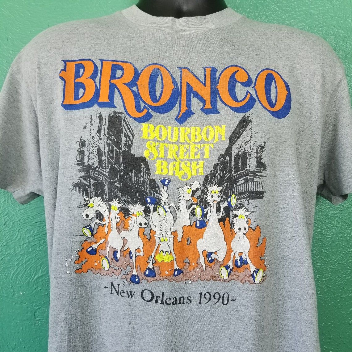 Vintage 90s Denver Broncos Neon Bourbon Street Bash New Orleans 1990 Shirt