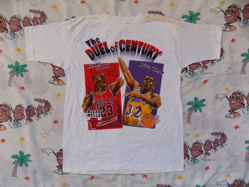 Vintage 90S Duel Of The Century Bulls Lakers T Shirt Arge 1991 Playoffs Michael Jordan Magic Johnson Bootleg Dead Stock