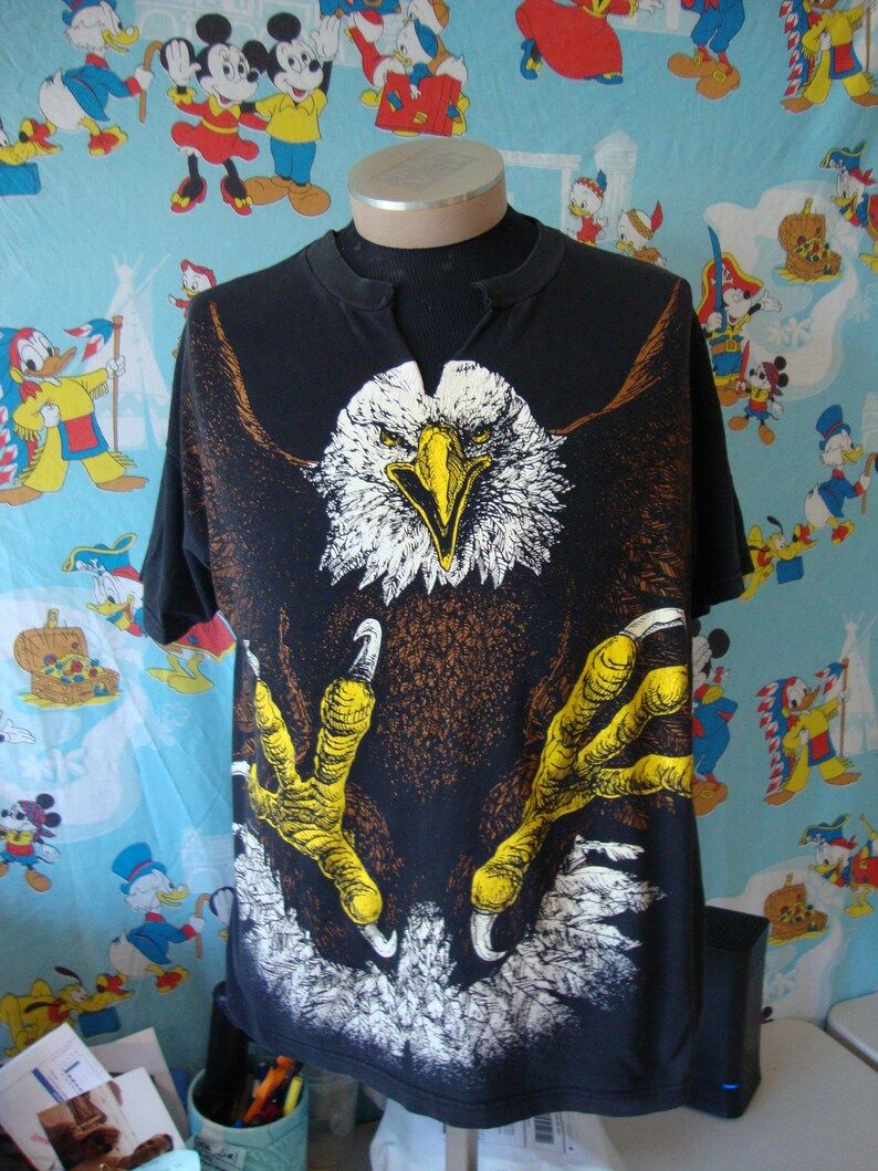 Vintage 90S Eagle All Over Print Tee Black Biker T Shirt
