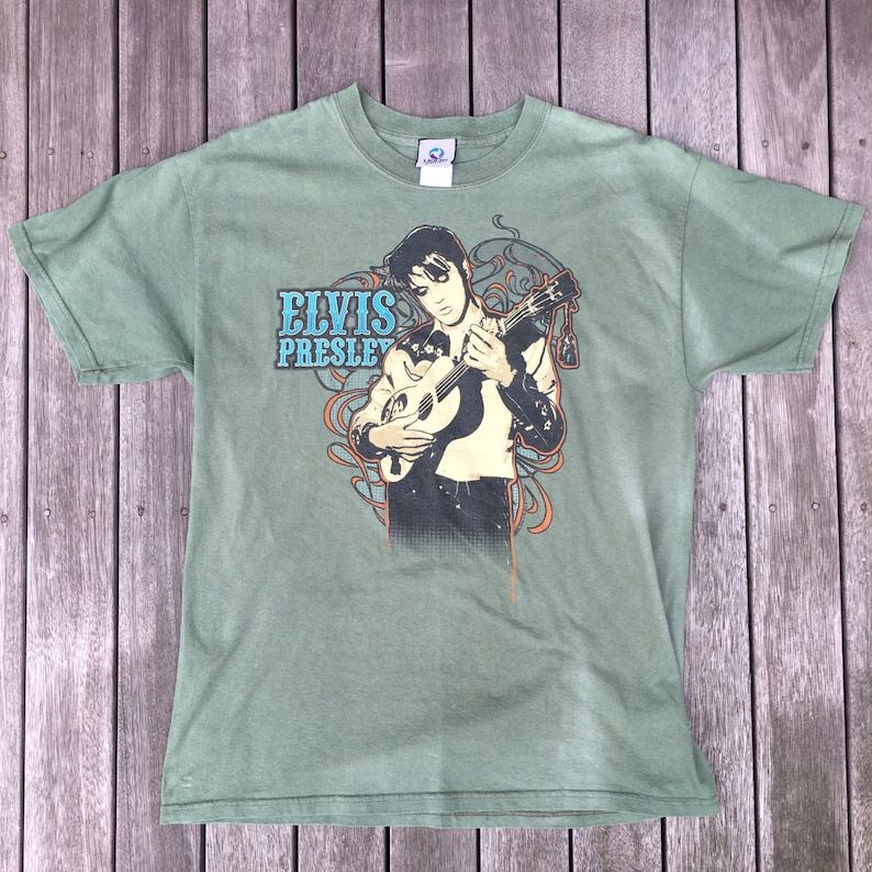 Vintage 90S Elvis Presley Guitar Graphic Band T Shirt Green Oversized Unisex Large Slouchy Elvis Presley Rock And Roll Music Top Elvis Icon