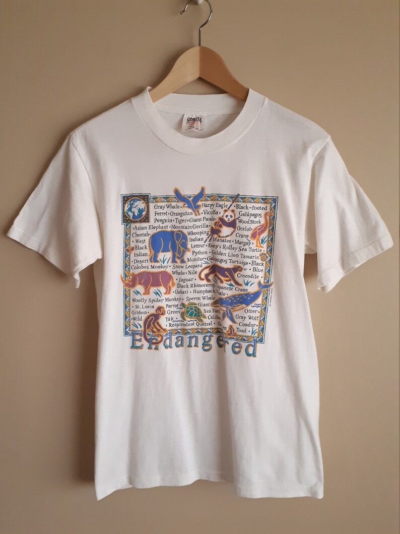 Vintage 90S Endangered Species T Shirt White Cotton Oneita Power T Edium Single Stitch