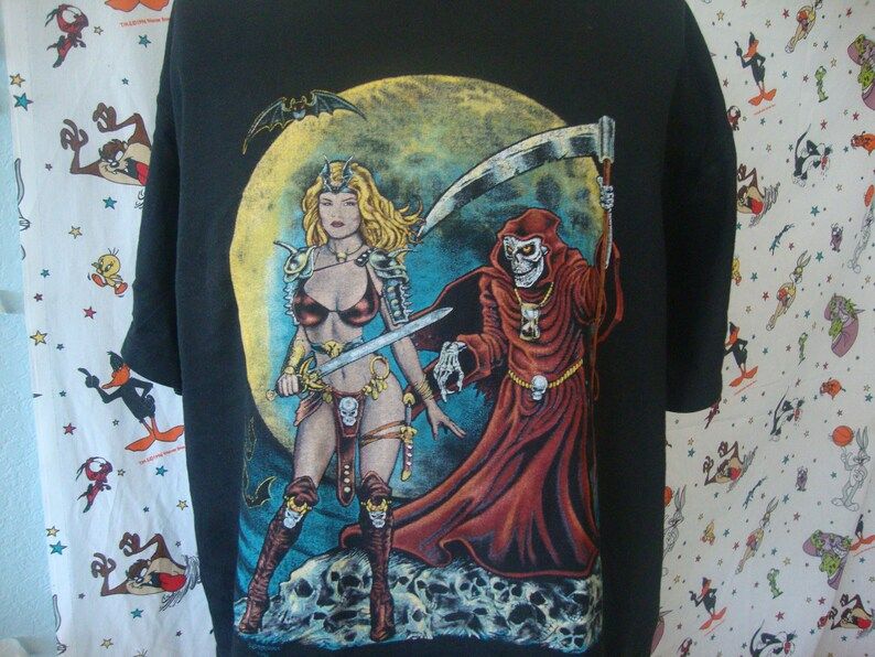Vintage 90S Grim Reaper With Sexy Maiden Girl Wizard Warlock Magic Heavy Metal Fantasy T Shirt