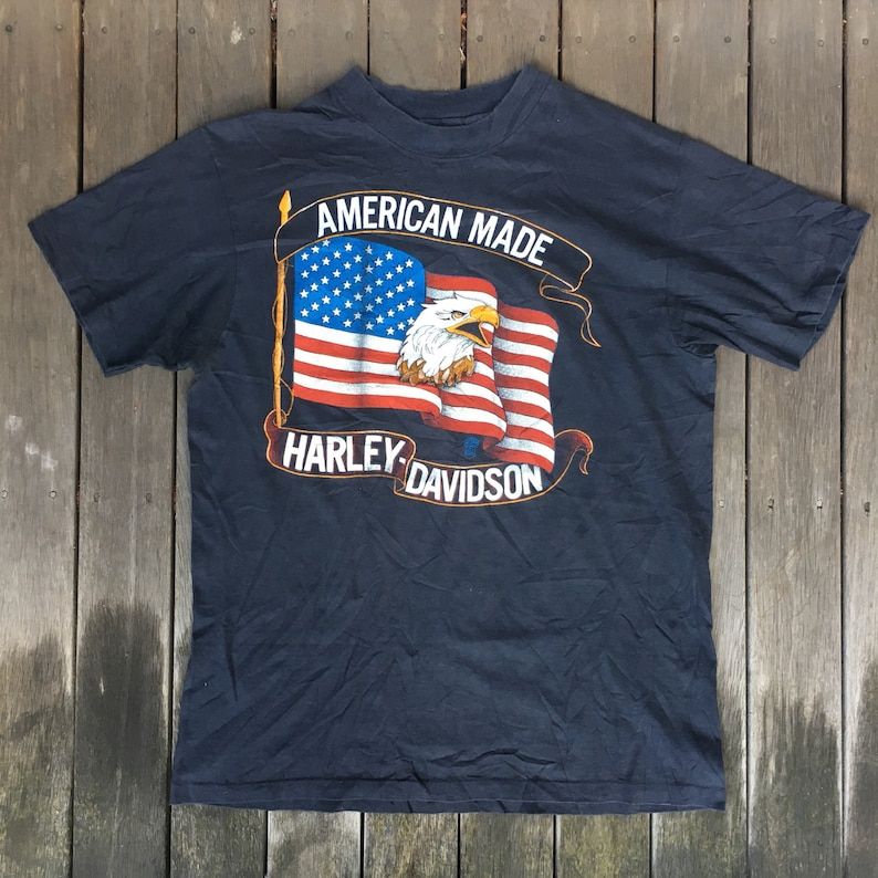 Vintage 90S Harley Davidson American Made Motorcycle Unisex Slouchy Medium Biker T Shirt Retro Grunge Eagle Usa Flag Graphic Print Hd Top