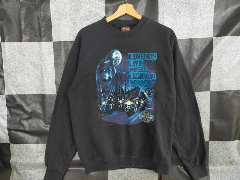 Vintage 90S Harley Davidson Legend Live Where Legends Roam Crewneck Pull Over Sweatshirt Black Colour M Size Rare Item