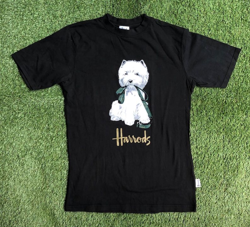 Vintage 90S Harrods Knightsbridge Souvenir Unisex Small Westie Dog Print Summer T Shirt Retro Hipster Festival Harrods England Promo Tee