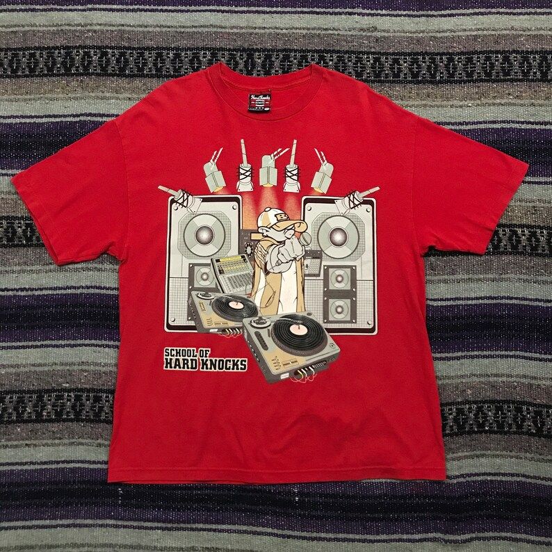 Vintage 90S Hip Hop Graphic Tee Hard Knocks Rap Tee Shirt Mens Xl In Red Streetwear Dj Aesthetic