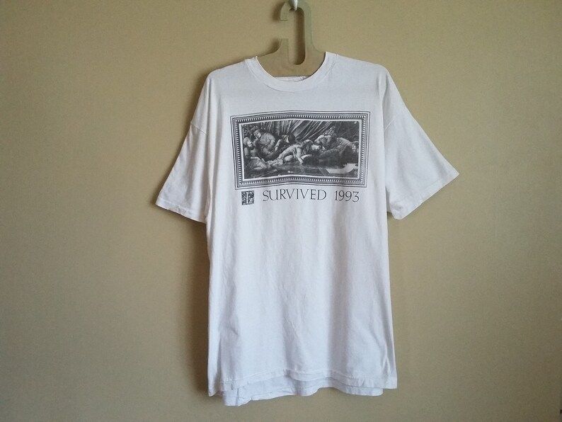 Vintage 90S I Survived 1993 White Heavy Cotton T Shirt Size Extra Large Made In Usa Post Punk Goth Earthangels 100 Cotton