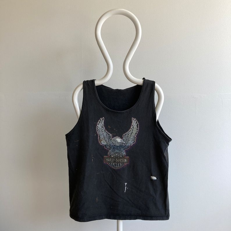 Vintage 90S Incredible Harley Davidson Eagle Front Paint Splattered Tank Top T Shirt Backside Is Cool Too