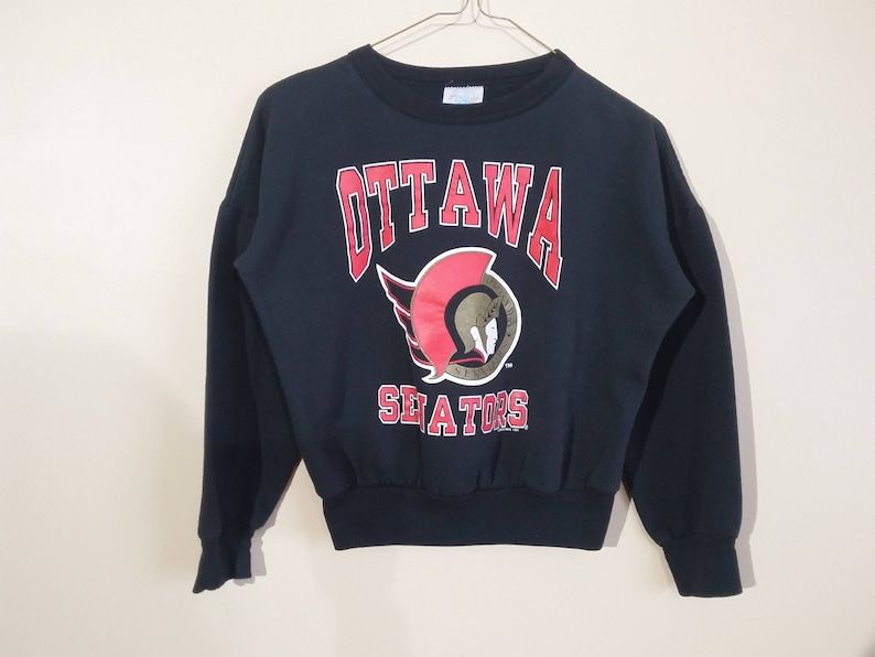 Vintage 90S Kids Ottawa Senators Crewneck Sweatshirt Cwg Made In Canada Hockey Sportswear Black Classic