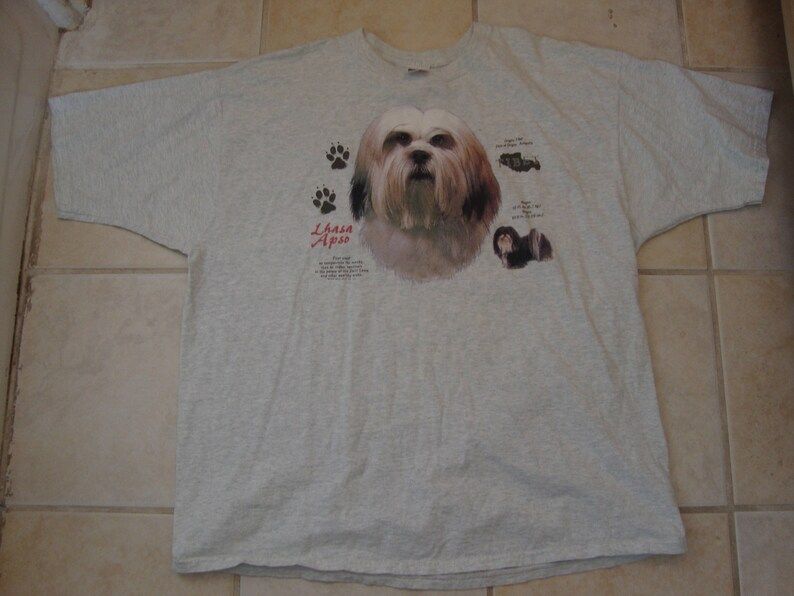 Vintage 90S Lhasa Apso Dog Description Gray Pet Lover T Shirt