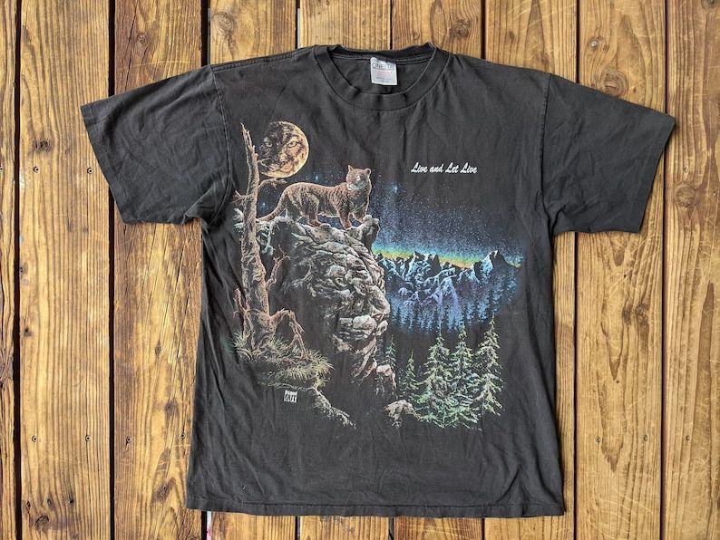 Vintage 90S Live And Let Live Mountain Lion Midnight Scene Single Stitch Tee