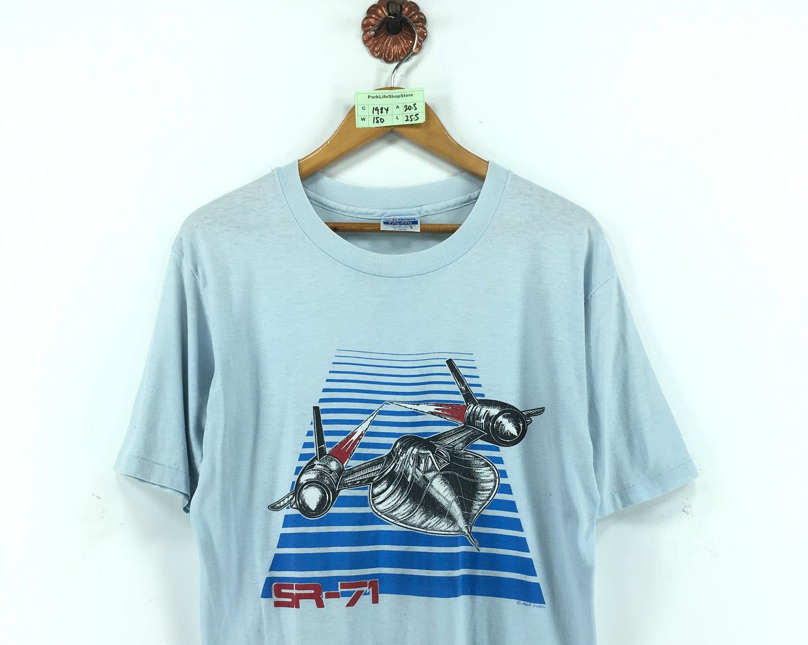 Vintage 90S Lockheed Sr-71 Blackbird Tshirt Unisex Fifty-Fifty Aircraft American Aerospace Army Design Soft Blue Tee L