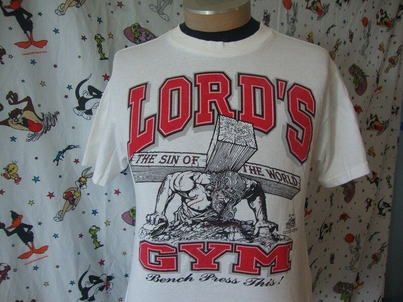 Vintage 90S Lords Gym Christian Jesus Bodybuilder Soft Thin Tee White T Shirt