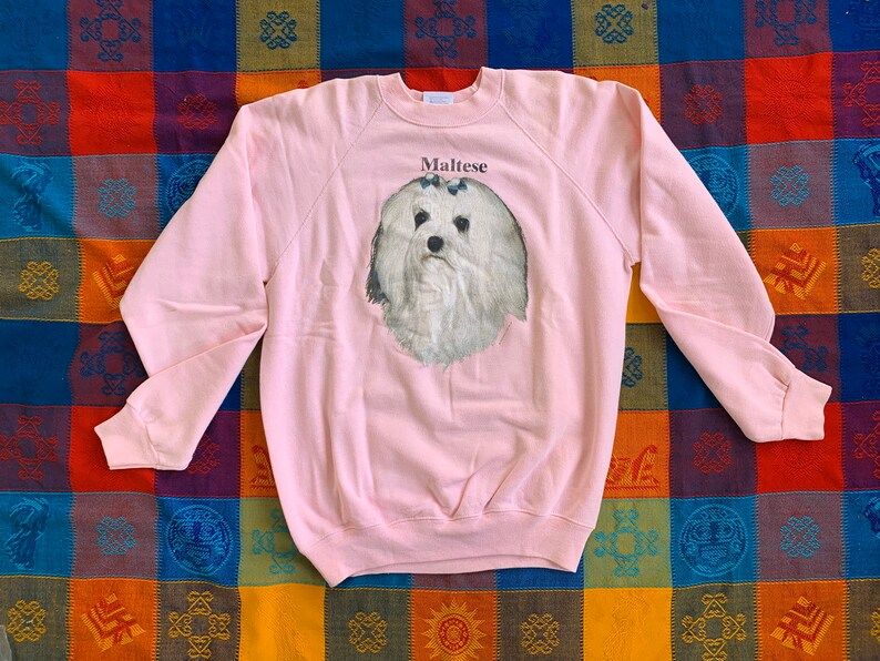 Vintage 90S Maltese Dog Animal Graphic Pink Crewneck Sweatshirt Arge