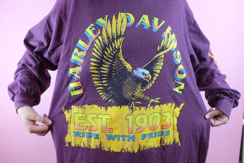 Vintage 90S Maroon Harley Davidson Long Sleeve Tee T Shirt American Eagle Ride With Pride Harley Motorcycles Shirt Sz Large