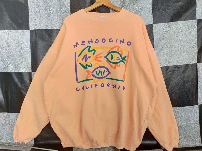 Vintage 90S Mendocino California Big Print Crewneck Pull Over Sweatshirt Orange Colour Xl Size Rare Item