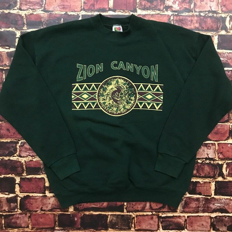 Vintage 90S Mens Sweatshirt Crewneck Native Kokopelli Xl X Large Indian Zion Canyon Wildlife Nature 1990S Navajo Crewneck In Green