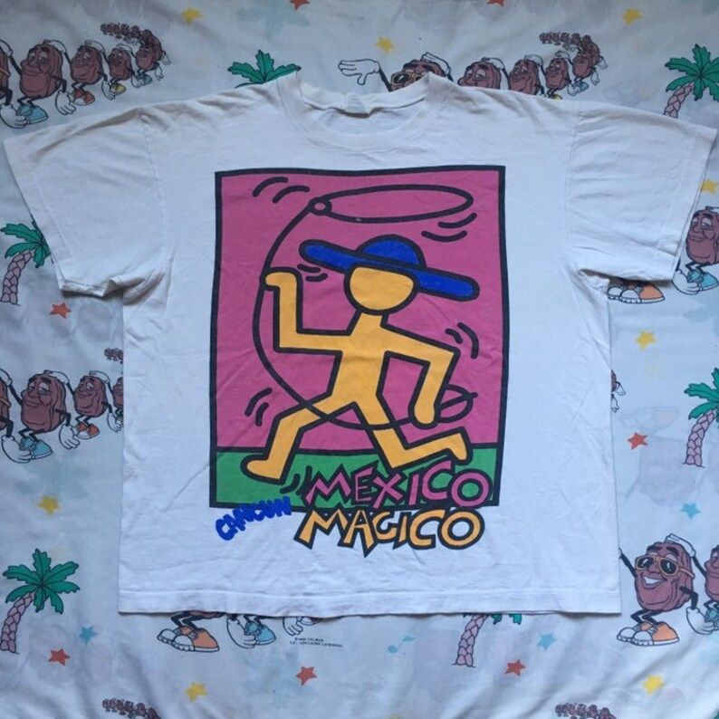 Vintage 90S Mexico Magico Cancun T Shirt Xl Keith Haring Esque Souvenir