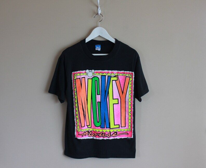 Vintage 90S Mickey Mouse Black And Neon T Shirt Extreme 90S Neon Pink Disney Made In Usa 100 Cotton Character Fashions Medium
