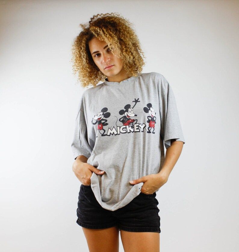 Vintage 90S Mickey Mouse Grey Tee Cute Disney World Mickey Short Sleeve Shirt Sz Xl