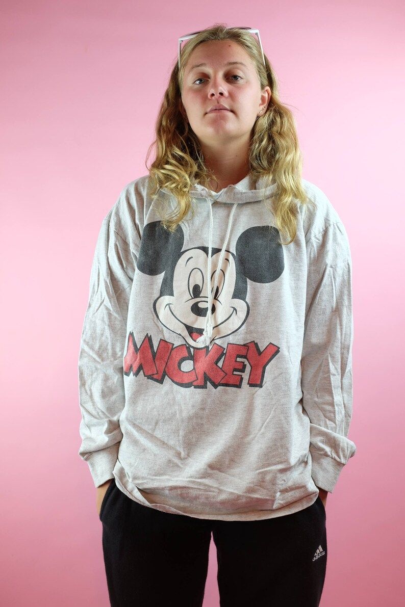 Vintage 90S Mickey Mouse Hooded Sweatshirt Disney Mickey Hooded T Shirt Tee Cute Red Grey Sweater Disney World Cartoon Arge