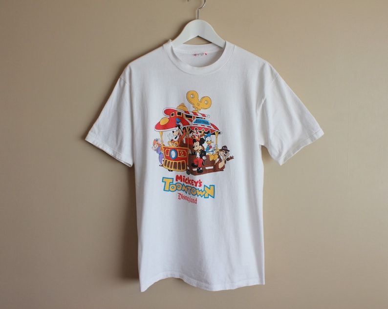 Vintage 90S Mickeys Toontown Disneyland T Shirt Donald Duck Goofy Chipn Dale Cute Disney Designs 100 Cotton Jolly Trolley