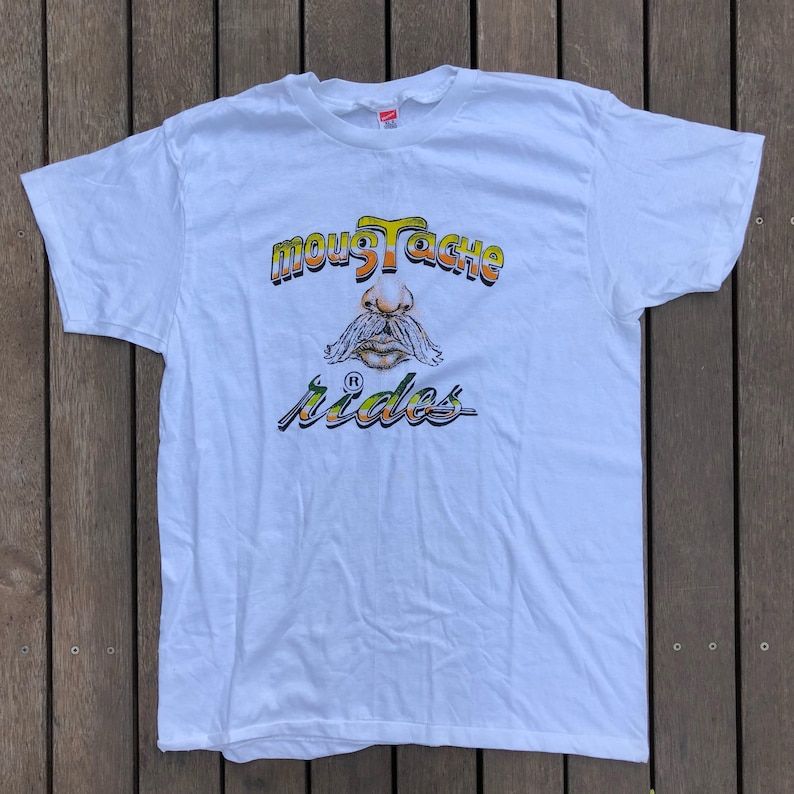 Vintage 90S Moustache Rides Funny Cool Hipster Unisex White Xl Summer Festival T Shirt Moustache Rides Comedy Jokes Humour T Shirt