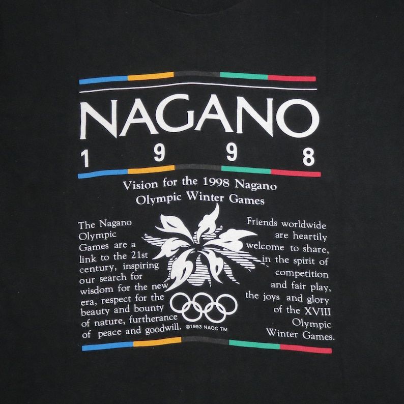 Vintage 90S Nagano Olympic Winter Games 1998 Front Print Black Color Single Stitch T Shirt Adult Medium To Large Fit