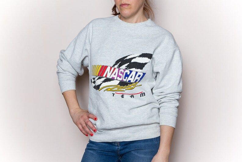 Vintage 90S Nascar Sweatshirt Edium Gray Fruit Of The Loom Graphic Shirt Retro