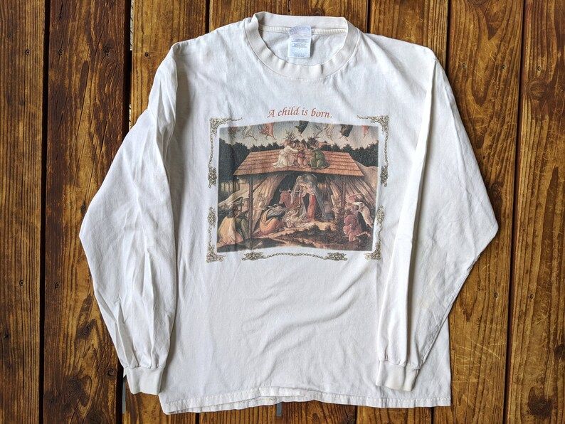 Vintage 90S Nativity Scene Christianity Religious Longsleeve Tee