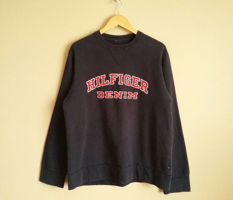 Vintage 90S Navy Blue Tommy Hilfiger Sweatshirt 100 Cotton Faded Size Extra Large Hip Hop Preppy Hilfiger Denim