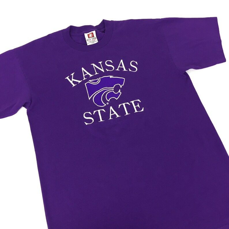 Vintage 90S Ncaa Kansas State Wildcats Embroidered Purple Made In Usa College Graphic Tee T Shirt