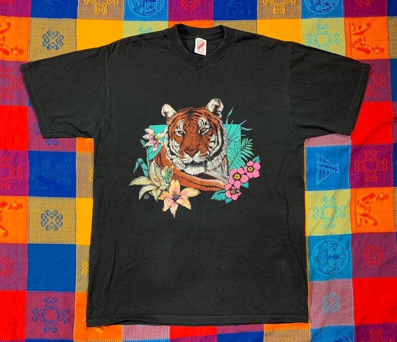 Vintage 90S Neon Tiger Print T Shirt On Jerzees Arge Made In Usa