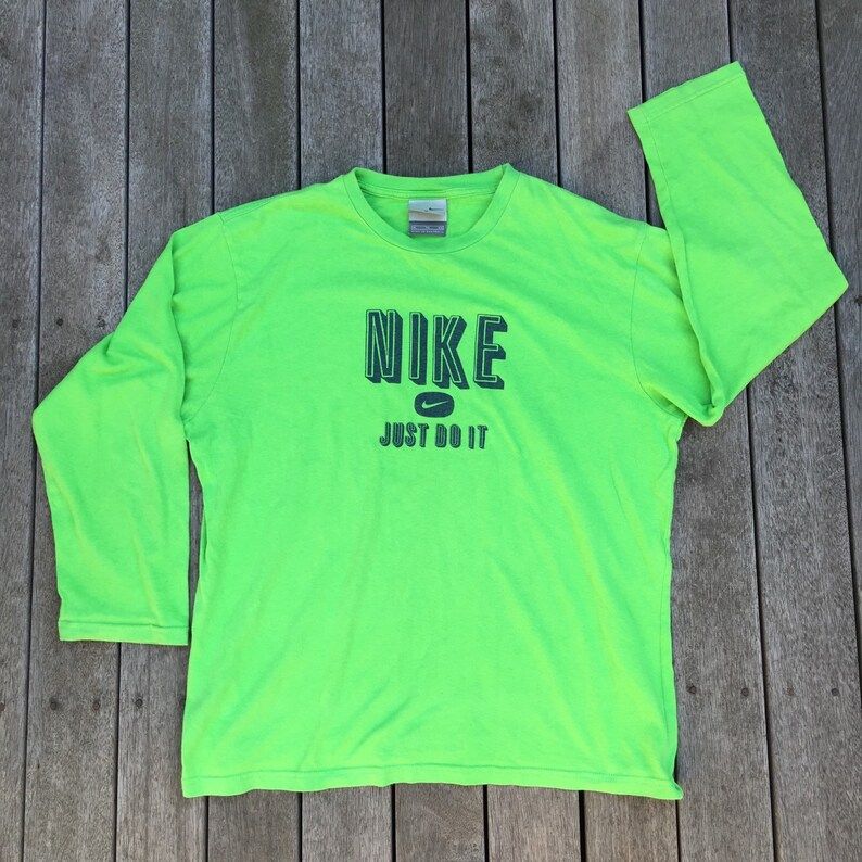 Vintage 90S Nike Just Do It Long Sleeve Lime Green T Shirt Hip Hop Hipster Vintage Nike Sportswear Retro Neon Normcore Top Unisex Xl Nike T