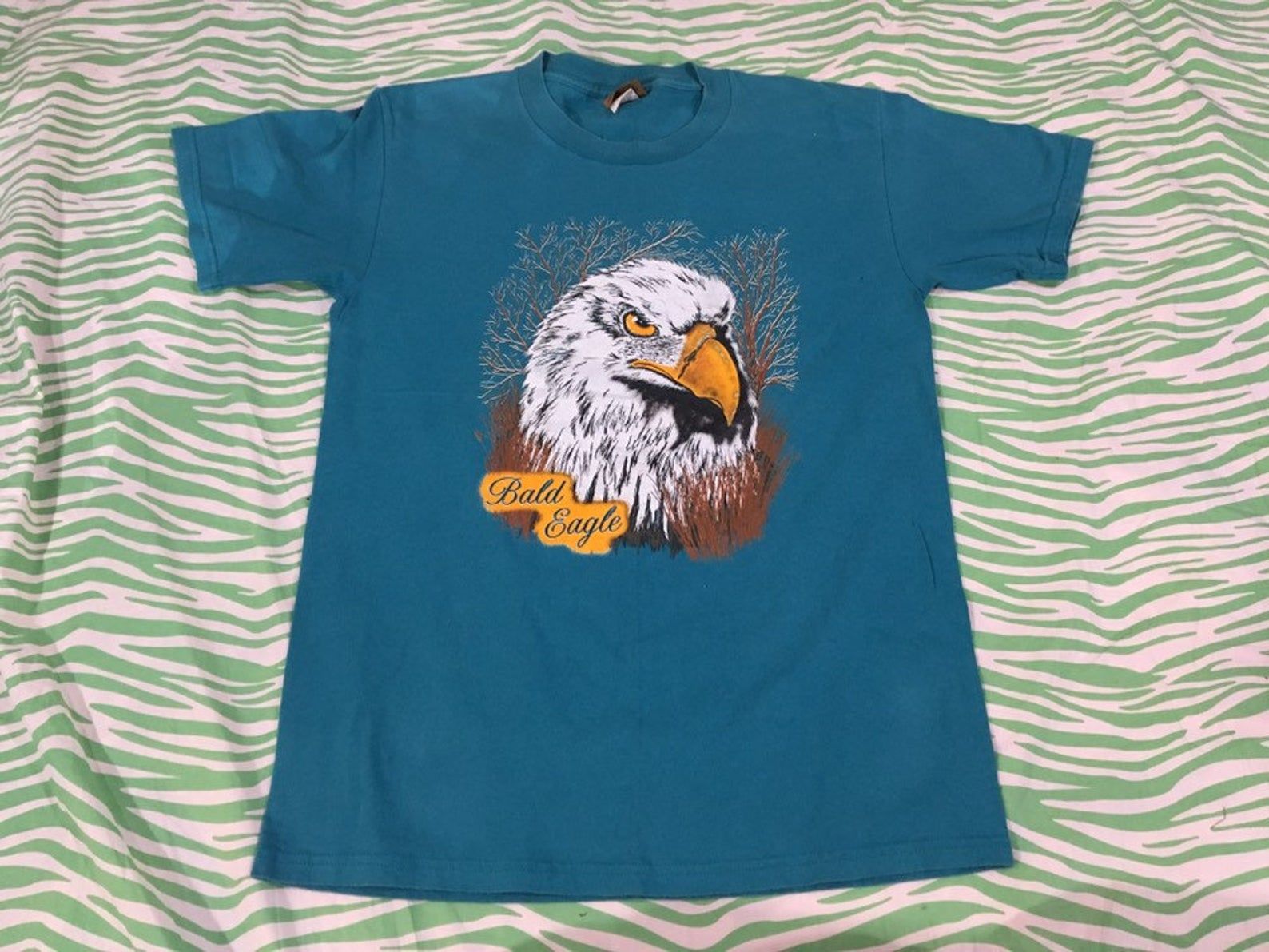 Vintage 90S Nutmeg Mills Bald Eagle Aqua Blue Tee - Sz M - Vtg Biker Harley Tshirt