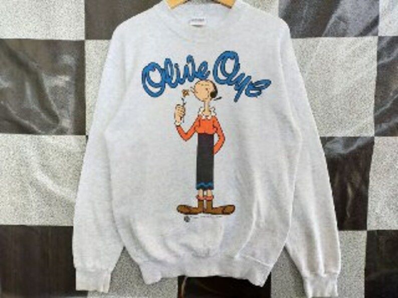 Vintage 90S Olive Oyl Big Print Crewneck Pull Over Sweatshirt Silver Colour M Size Rare Item
