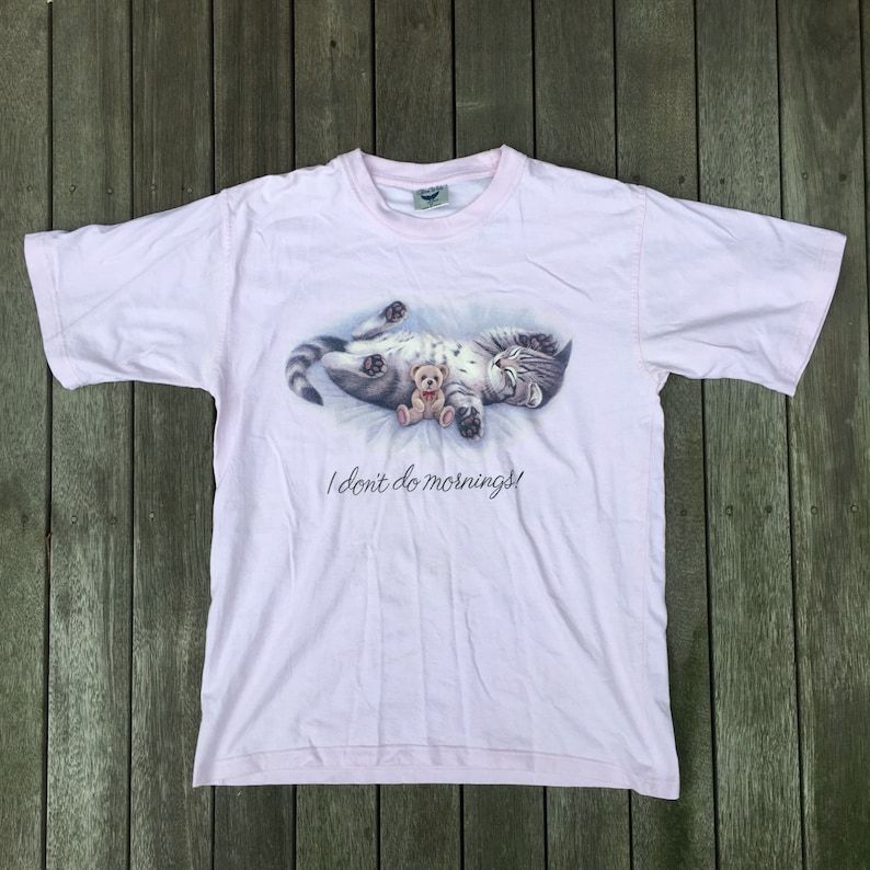 Vintage 90S Pastel Pink Cat Unisex Oversized Hipster Slouchy Medium Normcore Kitten Novelty Fun Cute T Shirt Retro Pastel Cat Teddy Shirt