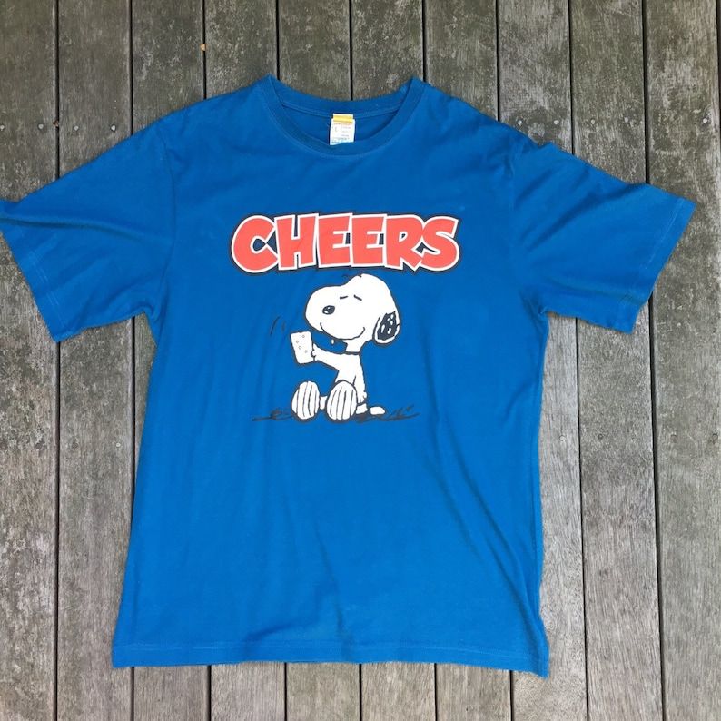 Vintage 90S Peanuts Snoopy Joe Cool Charlie Brown Cheers Oversized T Shirt Blue Hipster Unisex Large Snoopy Tee Retro Woodstock Top Cartoon