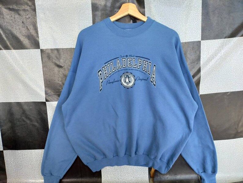 Vintage 90S Philadelphia Crewneck Sweatshirt Big Print Pullover Sweatshirt Blue Colour Xl Size Rare Item