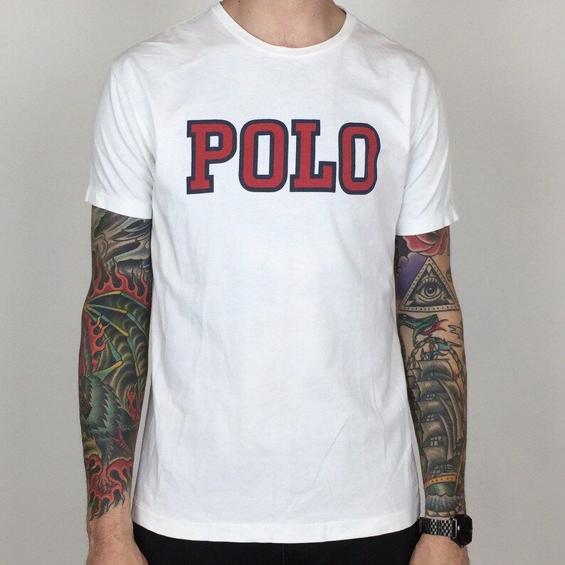 Vintage 90S Polo Ralph Lauren White Single Stitch Spell Out Graphic Tee T Shirt
